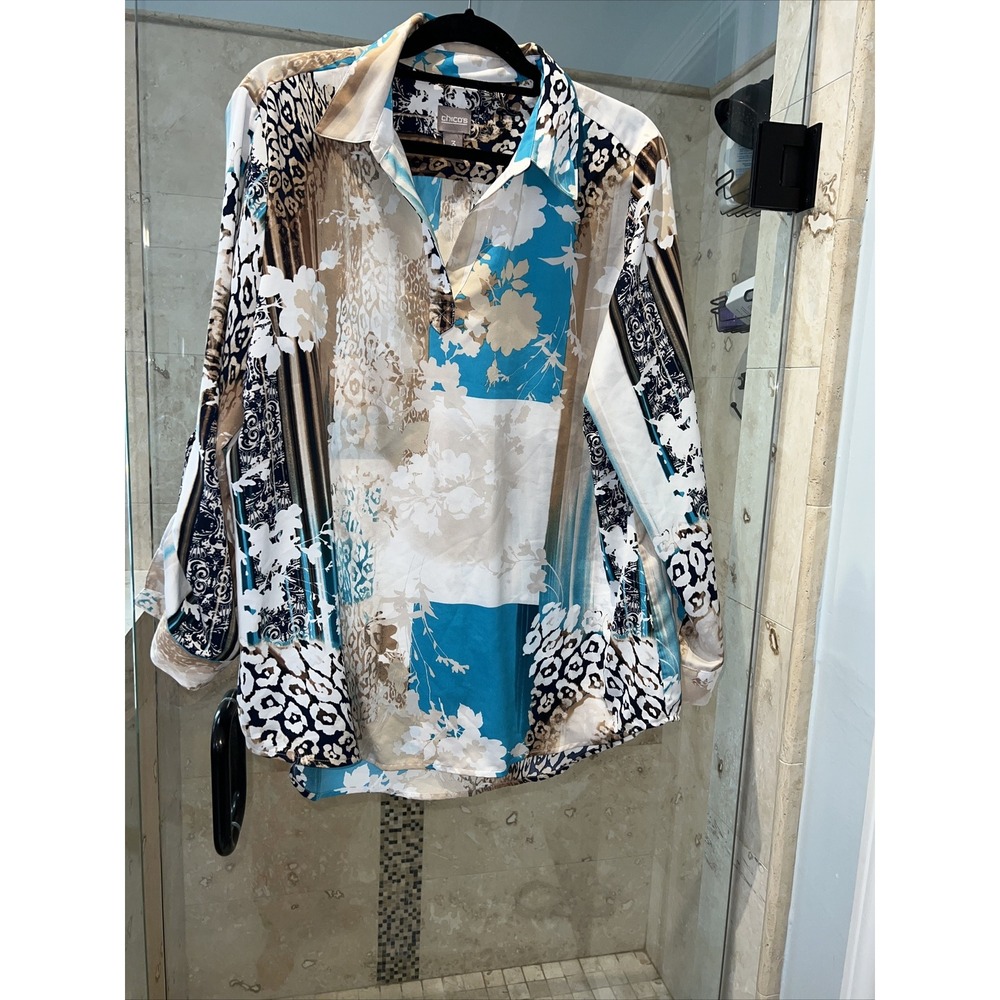 Chico's Women Size 3 Animal Print Satin Blouse Long Sleeve Blue Tan Mixed Print
